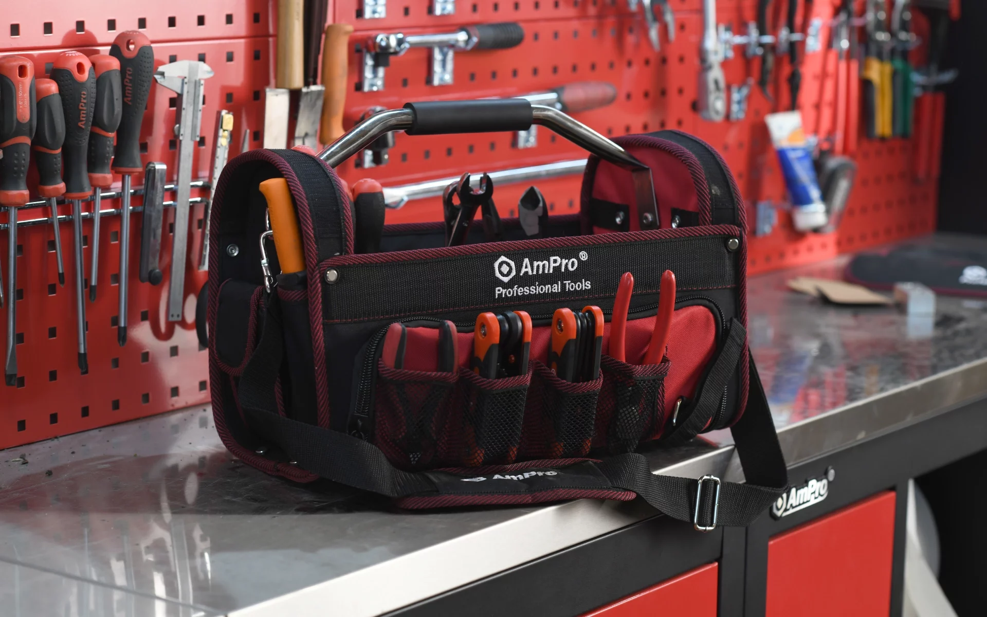 A loaded AmPro tool bag on a workbench in a workshop