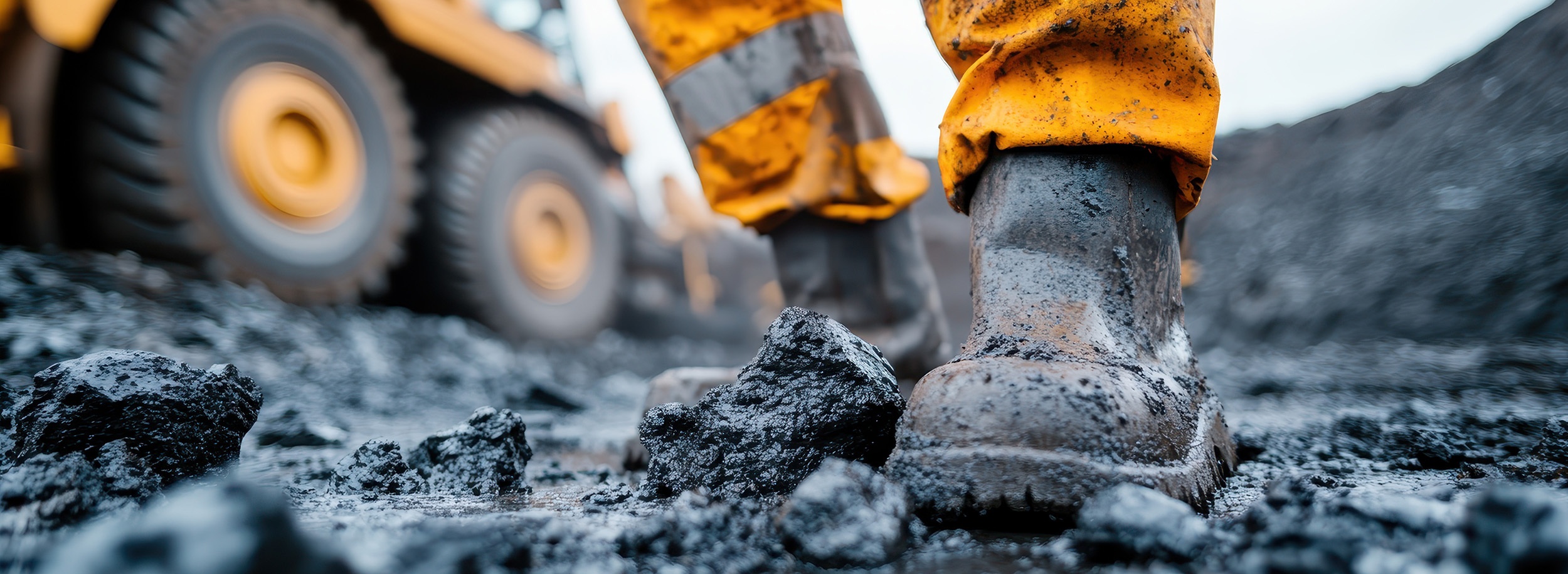 Worker in safety boots and gear walking on muddy construction site