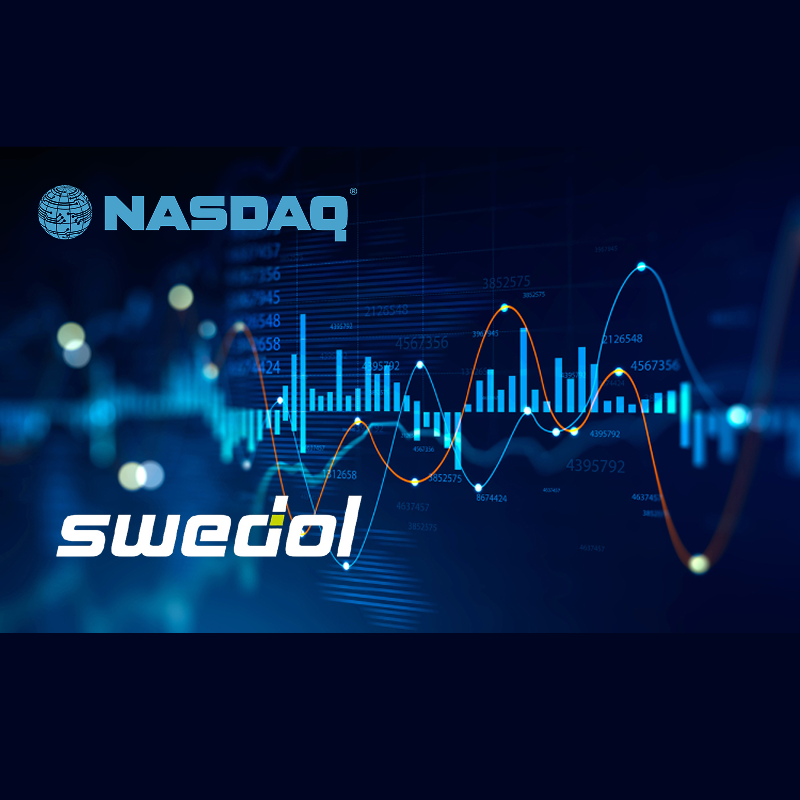 Swedol logo with a Nasdaq stock chart