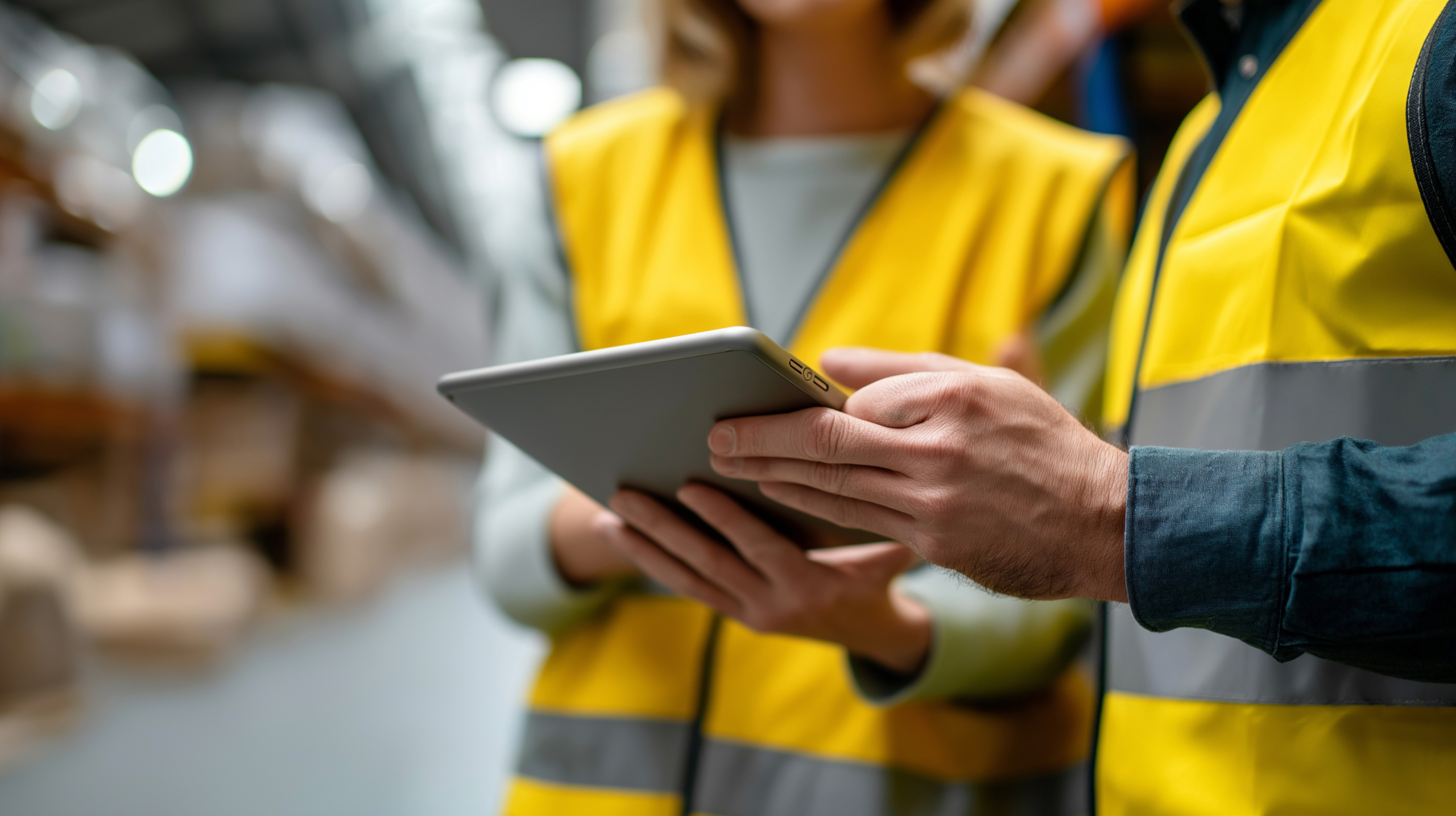 Person in a high-visibility vest using a tablet