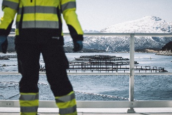 Arbetare i varselkläder vid en fiskodling